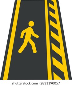Simple flat vector illustration of a pedestrian walking lane marked with a human walking symbol, yellow boundary lines, and diagonal safety markings on a dark asphalt surface.