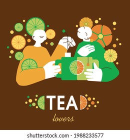 Simple flat vector illustration with people drinking tea. Stylized image. Bright colours on dark background. Big mugs and tea bags. Emotional warm.