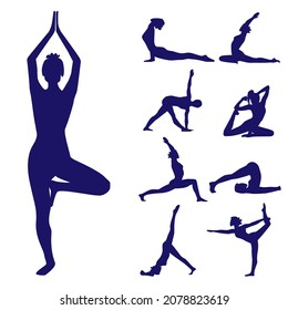 Simple ilustración vectorial plana de yoga Set de siluetas femeninas haciendo asanas de yoga