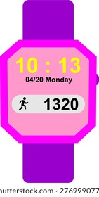 A simple flat vector illustration of a purple and pink smartwatch. The watch face displays a digital clock, date, and a step counter fitness tracker icon