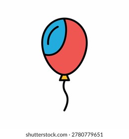 A simple flat vector illustration of a red balloon with a blue highlight section and a black string attached to it.