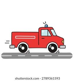 A simple flat vector illustration of a red fire truck with a siren driving on a gray asphalt road