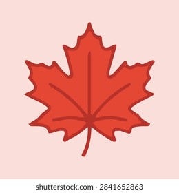 A simple flat vector illustration of a red maple leaf centered on a soft pale pink background.