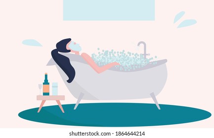 Simple flat vector illustration of a relaxing girl with a mask on her face, lying in the bath tub, blue and pink background colors. Bedside table with a wine. Covid-19 awareness. Stay at home concept.