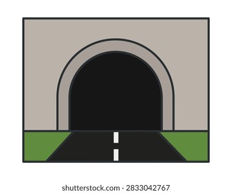 A simple flat vector illustration of a road leading into a dark tunnel entrance surrounded by green grass.