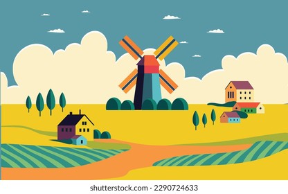 simple ilustración de vector plano del paisaje rural de aldea con molino de campo y casas