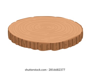 Simple flat vector illustration of a rustic wooden tree stump slice with natural bark and wood grain. Isolated on white background for autumn themed designs.