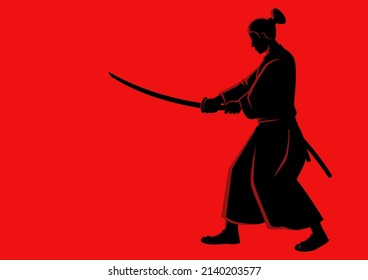 Simple ilustración vectorial plana de un samurai sobre fondo rojo