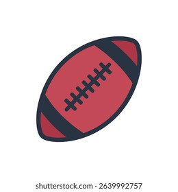 A simple, flat vector illustration shows a maroon American football with navy blue stripes and laces against a plain white background, conveying athletic design.