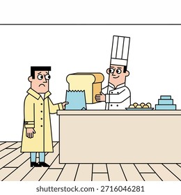 Uma ilustração simples e plana mostra um padeiro alegre entregando um pão de fatias de tamanho exagerado a um cliente desapontado em um balcão de padaria.