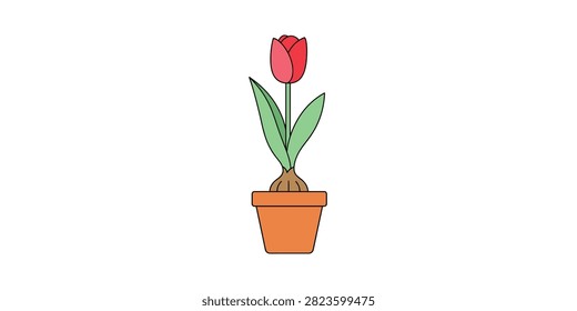 A simple flat vector illustration of a single red tulip growing in a small terracotta flower pot.