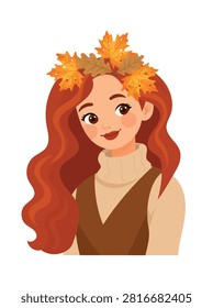 Simple flat vector illustration of a smiling red-haired woman wearing an autumn leaf crown and cozy sweater, isolated on a white background, fall portrait.