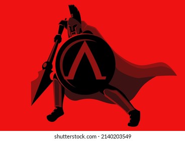 Simple flat vector illustration of spartan warrior with his spear and shield