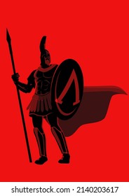 Simple flat vector illustration of spartan warrior wearing helmet and red cloak, Leonidas fantasy illustration