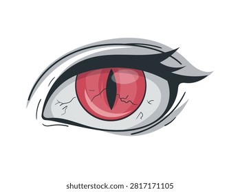 Simple flat vector illustration of a spooky vampire eye with a glowing red iris, slit pupil, dark eyeliner and eerie details, isolated on a white background.
