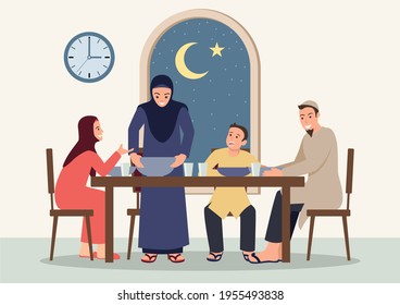 Simple flat vector illustration of Suhoor and Iftar with family during Ramadan month, happy fasting for moslem, Ramadan kareem and Eid Mubarak