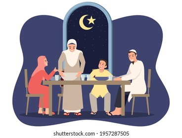 Simple flat vector illustration of Suhoor and Iftar with family during Ramadan month, happy fasting for moslem, Ramadan kareem and Eid Mubarak