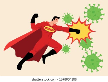 Simple flat vector illustration of a superhero fighting viruses. Coronavirus covid-19 concept in cartoon style illustration