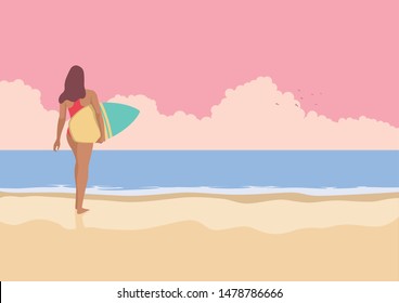 Simple flat vector illustration of surfer girl walking on the beach. Summer vacation. Water sports. Lifestyle