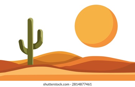 Simple flat vector illustration of a tall cactus in a sandy desert against a large setting sun. Warm orange and yellow tones, clean minimalist nature scene.