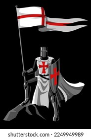 Simple flat vector illustration of Templar Knight holding a flag and shield