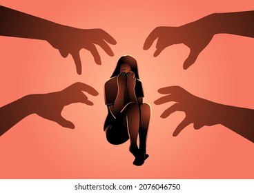 Simple flat vector illustration of terrified young woman sit on floor with shadow of grabbing hands as a threat