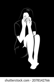 Simple flat vector illustration of terrified young woman sit on floor with shadow of grabbing hands as a threat