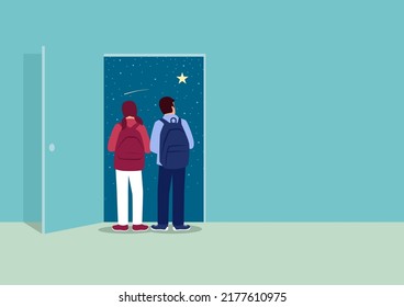 Simple ilustración vectorial plana de dos niños mirando a través de la puerta abierta para ver la vastedad del espacio exterior, la imaginación,   a lo desconocido, abrir el conocimiento, ilustración vectorial