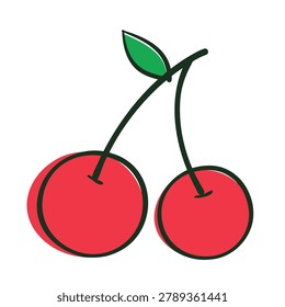 A simple flat vector illustration of two cherries attached to stems with a single green leaf on a clean white background