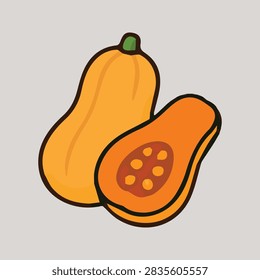 A simple flat vector illustration of a whole butternut squash alongside a sliced half showing seeds, isolated on a light gray background.