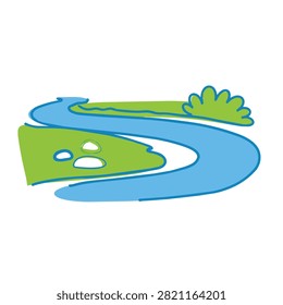 A simple flat vector illustration of a winding blue river flowing through grassy green fields with small rocks and a bush.