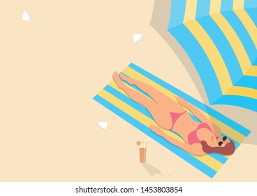Simple flat vector illustration of a woman sunbathing in pink bikini