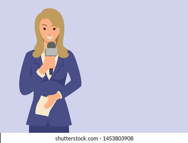 Simple flat vector illustration of a woman reporter holding a microphone