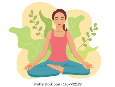 Simple flat vector illustration of a woman doing yoga with leaves decoration as the background.