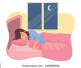 Simple flat vector illustration of a woman sleeping in her bed.