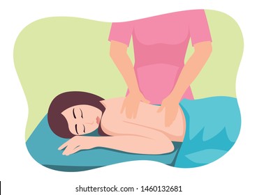 Simple flat vector illustration of a woman lying on bed while massage therapist massaging her.