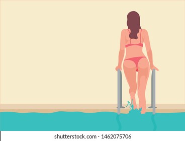 Simple flat vector illustration of a woman in bikini climbing out from swimming pool.