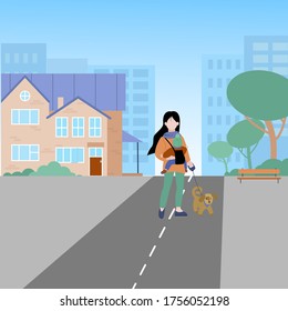 Simple flat vector illustration of a woman and  dog walking near the house in the town