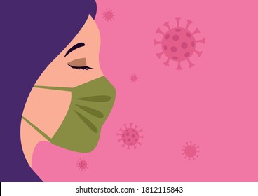 Simple flat vector illustration of woman  wearing a medical face mask to prevent the virus