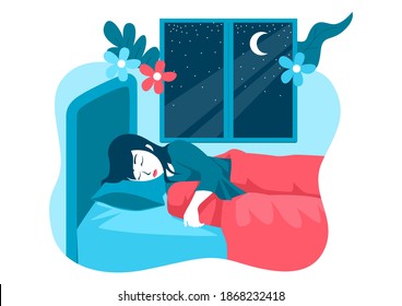 Simple flat vector illustration of a woman sleeping in her bed