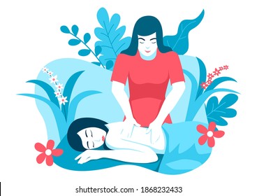 Simple flat vector illustration of a woman lying on bed while massage therapist massaging her