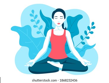 Simple flat vector illustration of a woman doing yoga with leaves decoration as the background