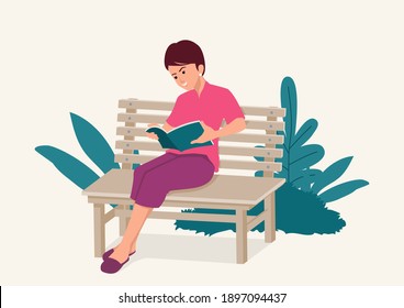 Simple flat vector illustration of a woman sitting on wooden bench while concentrated reading a book