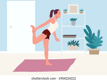 Simple flat vector illustration of a woman doing stretching exercise at home