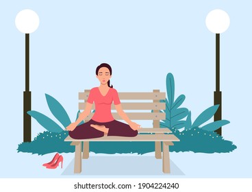 Simple flat vector illustration of woman doing yoga on a bench at the park