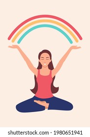 Simple flat vector illustration of a woman doing yoga pose, raising her arms to the rainbow, positive emotion, healthy lifestyle concept