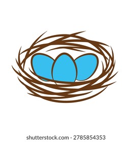 A simple flat vector illustration of a woven brown bird nest containing three solid light blue oval eggs isolated on a white background