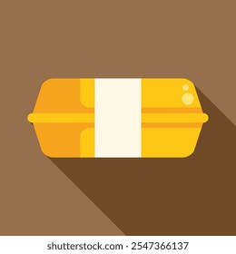 Simple flat vector illustration of a yellow food container box with a white label on a brown background with a long shadow