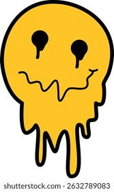 Simple flat vector illustration of a yellow emoji face that is melting 