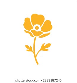 A simple flat vector illustration of a yellow poppy flower featuring clean lines and a minimalist aesthetic suitable for icons and graphic design